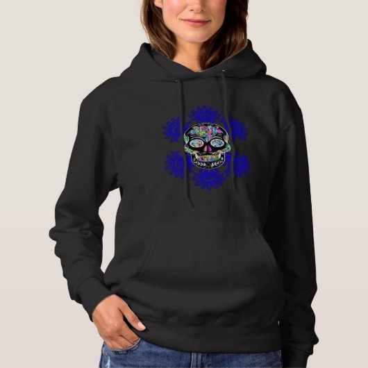 Black Day Of The Dead Sugar Skull Blue Abstract Fl Hoodie (Voorkant)