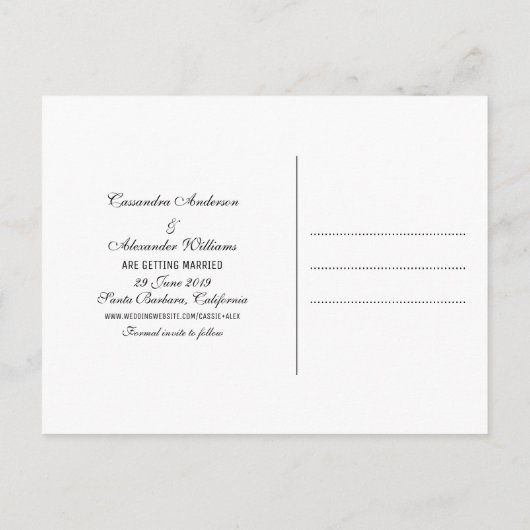 Black Deco Chic Save the Date Briefkaart (Achterkant)