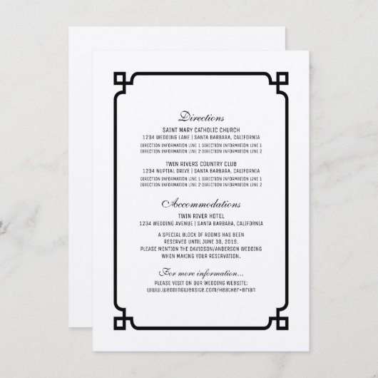Black Deco Chic Wedding Info Kaart (Voorkant / Achterkant)