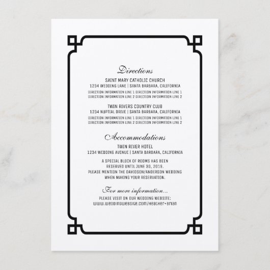 Black Deco Chic Wedding Info Kaart (Voorkant)