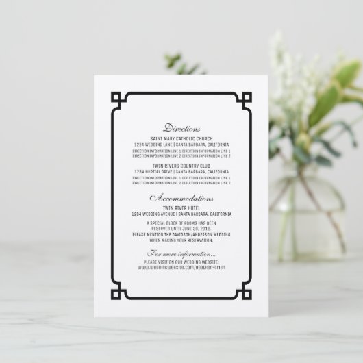 Black Deco Chic Wedding Info Kaart (Staand voorkant)