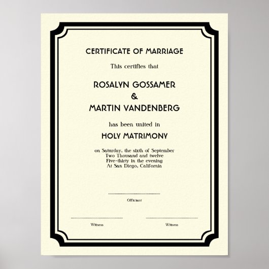Black Deco lijst keepomwille bruiloft certificate  Poster (Voorkant)