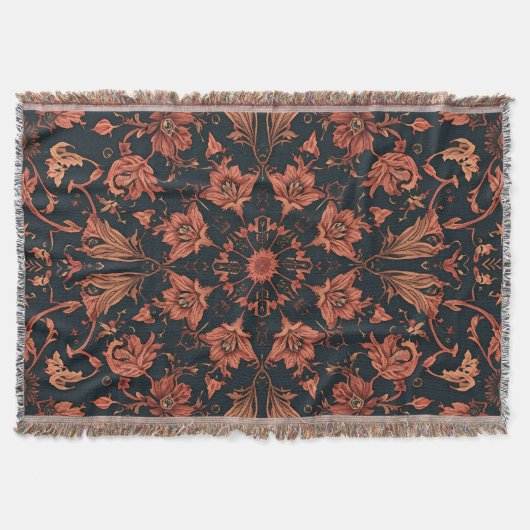 Black & Deep Orange Floral Damask Deken (Voorkant)