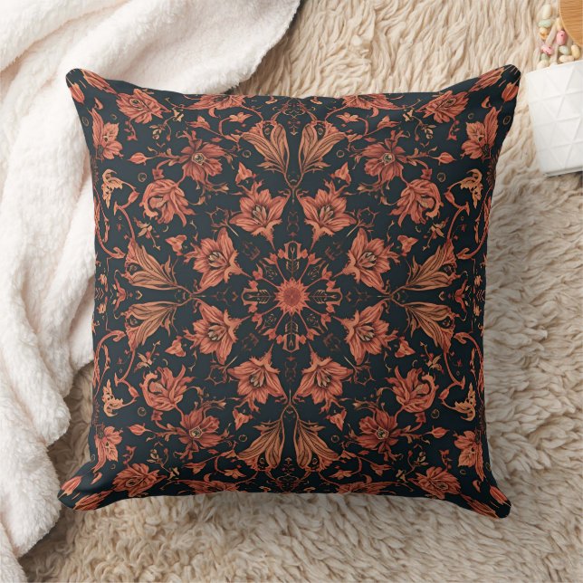 Black & Deep Orange Floral Damask Kussen (Deken)