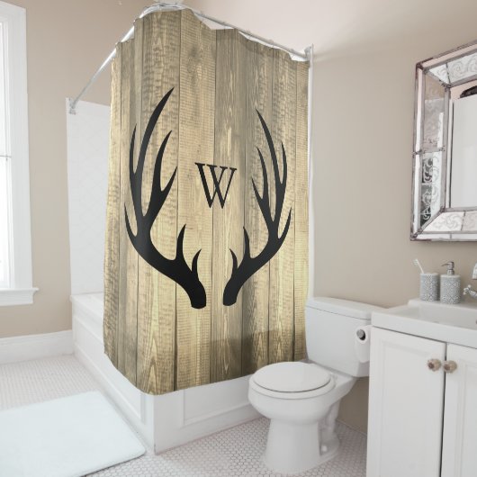 Black Deer Antlers &  Sepia Wood | Monogram Douchegordijn (In situ)