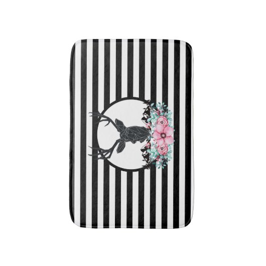Black Deer Head met roze bloemen en bergen Badmat (Voorkant Verticaal)