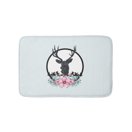 Black Deer Head met roze bloemen en bergen Badmat (Voorkant)