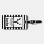 Black Deer Head met roze bloemen en bergen Bagagelabel (Voorkant horizontaal)