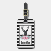 Black Deer Head met roze bloemen en bergen Bagagelabel (Voorkant verticaal)