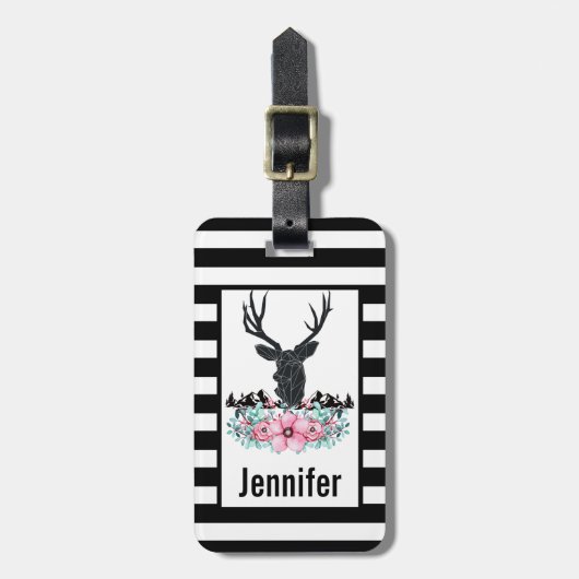 Black Deer Head met roze bloemen en bergen Bagagelabel (Voorkant verticaal)