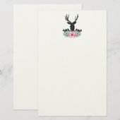 Black Deer Head met roze bloemen en bergen Briefpapier (Voorkant / Achterkant)