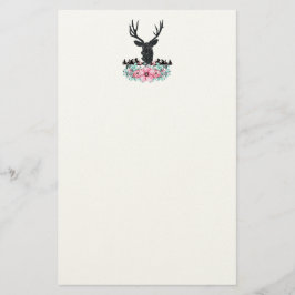 Black Deer Head met roze bloemen en bergen Briefpapier