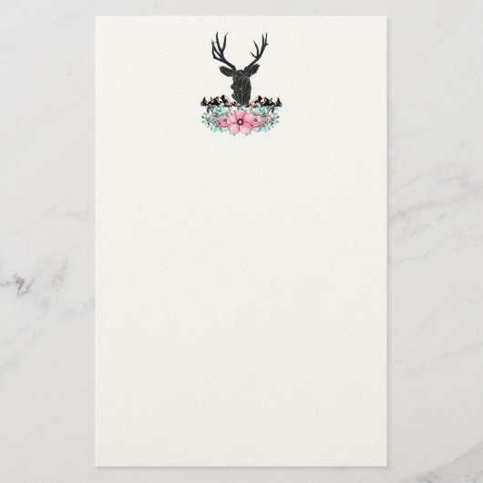 Black Deer Head met roze bloemen en bergen Briefpapier (Voorkant)