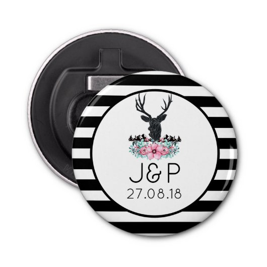 Black Deer Head met roze bloemen en bergen Button Flesopener (Voorkant)