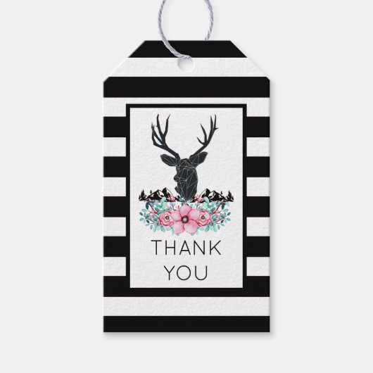 Black Deer Head met roze bloemen en bergen Cadeaulabel (Voorkant)