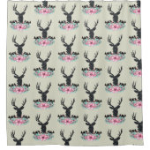 Black Deer Head met roze bloemen en bergen Douchegordijn (Voorkant)