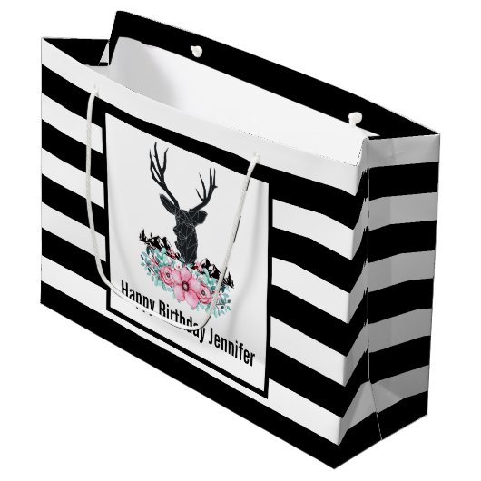 Black Deer Head met roze bloemen en bergen Groot Cadeauzakje (Voorkant Gekanteld)