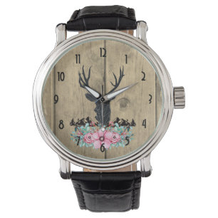 Black Deer Head met roze bloemen en bergen Horloge