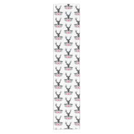 Black Deer Head met roze bloemen en bergen Korte Tafelloper