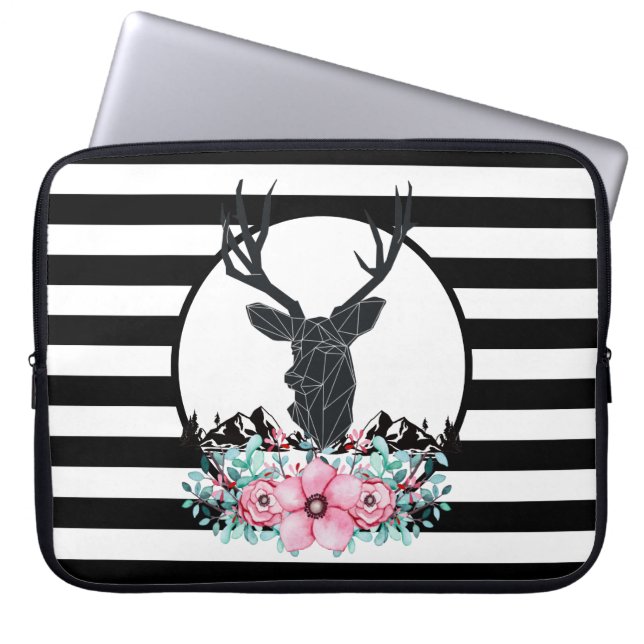 Black Deer Head met roze bloemen en bergen Laptop Sleeve (Voorkant)