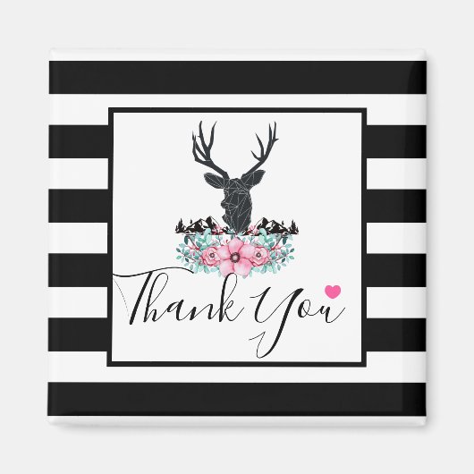 Black Deer Head met roze bloemen en bergen Magneet (Voorkant)