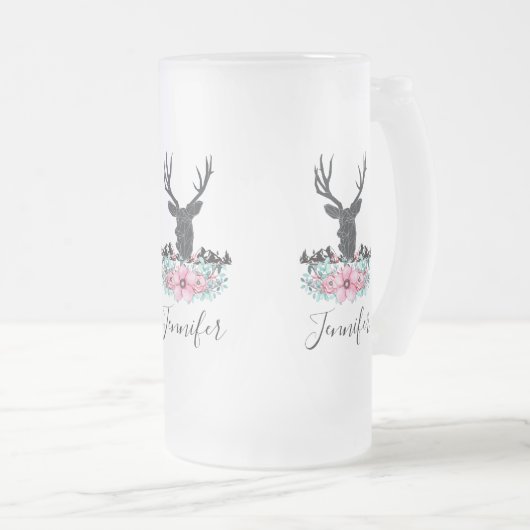 Black Deer Head met roze bloemen en bergen Matglas Bierpul (Voorkant rechts)
