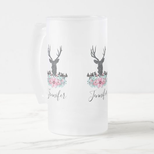 Black Deer Head met roze bloemen en bergen Matglas Bierpul (Voorkant links)