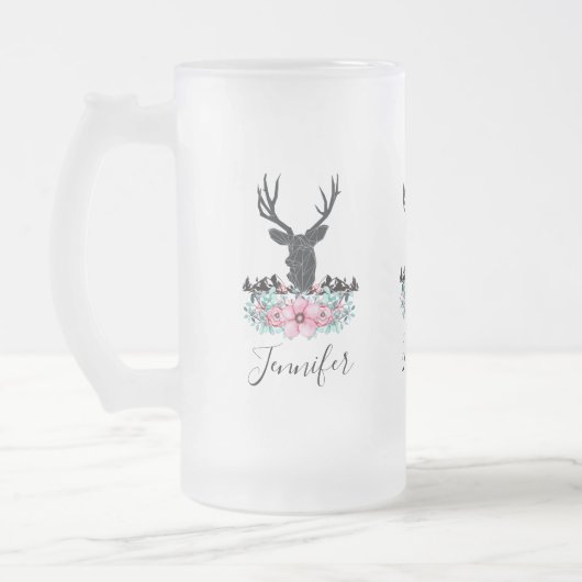 Black Deer Head met roze bloemen en bergen Matglas Bierpul (Links)