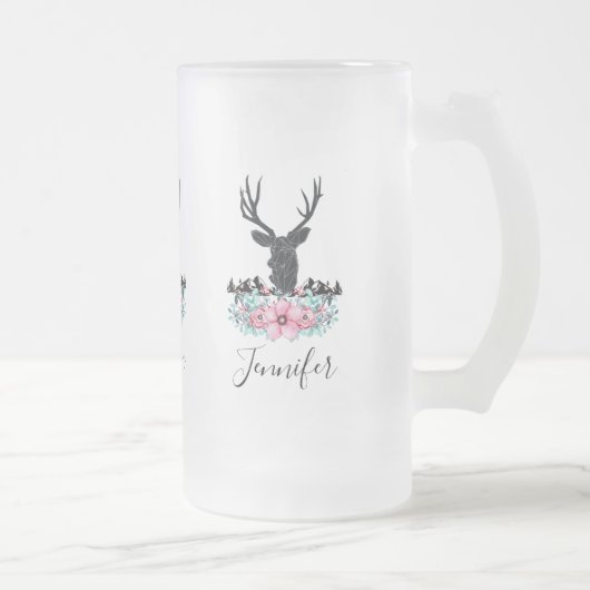 Black Deer Head met roze bloemen en bergen Matglas Bierpul (Rechts)