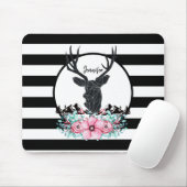 Black Deer Head met roze bloemen en bergen Muismat (Met muis)