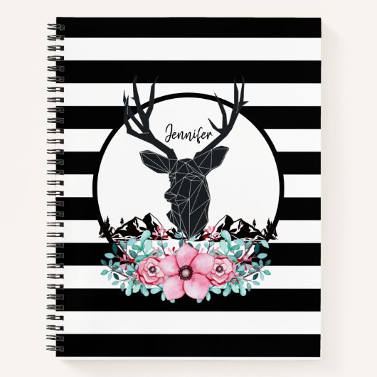 Black Deer Head met roze bloemen en bergen Notitieboek (Voorkant)