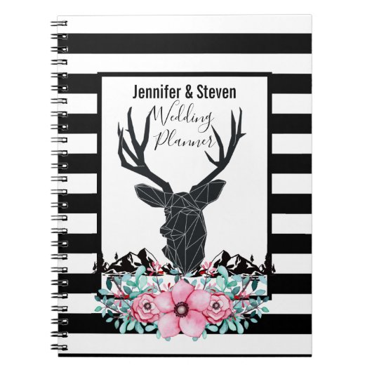 Black Deer Head met roze bloemen en bergen Notitieboek (Voorkant)