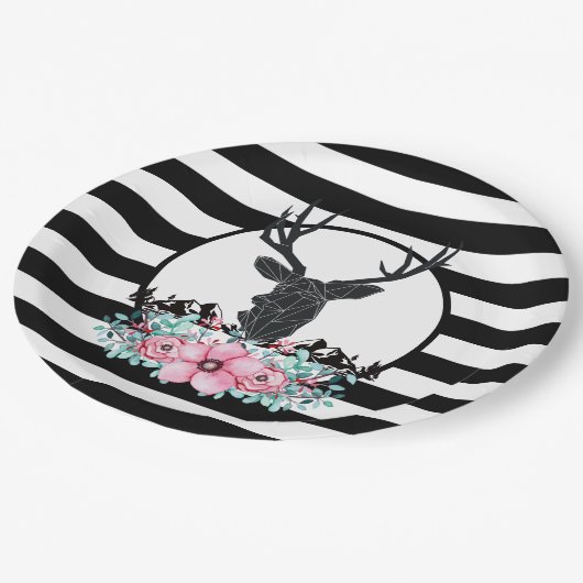 Black Deer Head met roze bloemen en bergen Papieren Bordje (Gekanteld)
