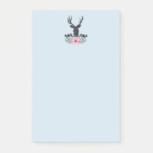 Black Deer Head met roze bloemen en bergen Post-it® Notes