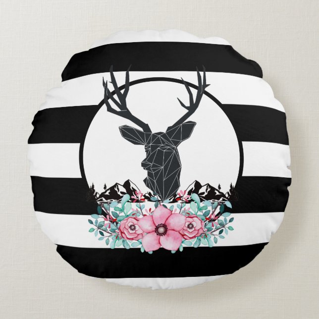 Black Deer Head met roze bloemen en bergen Rond Kussen (Voorkant)
