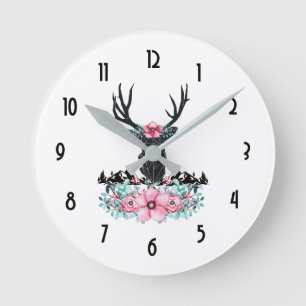 Black Deer Head met roze bloemen en bergen Ronde Klok