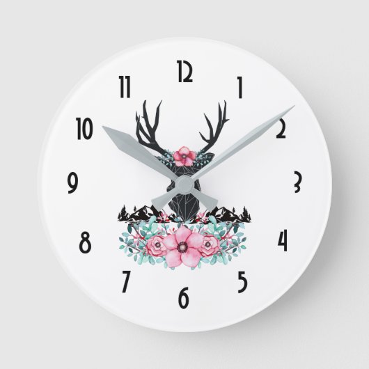 Black Deer Head met roze bloemen en bergen Ronde Klok (Voorkant)