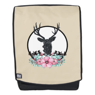 Black Deer Head met roze bloemen en bergen Rugtassen