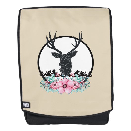 Black Deer Head met roze bloemen en bergen Rugtassen (Voorkant)