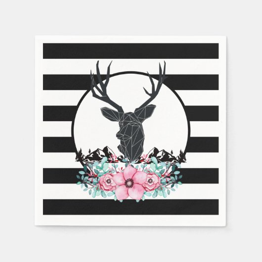 Black Deer Head met roze bloemen en bergen Servet (Voorkant)