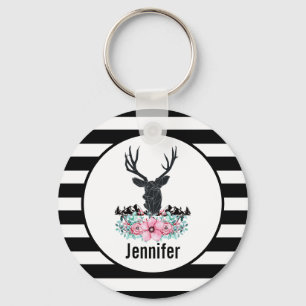 Black Deer Head met roze bloemen en bergen Sleutelhanger