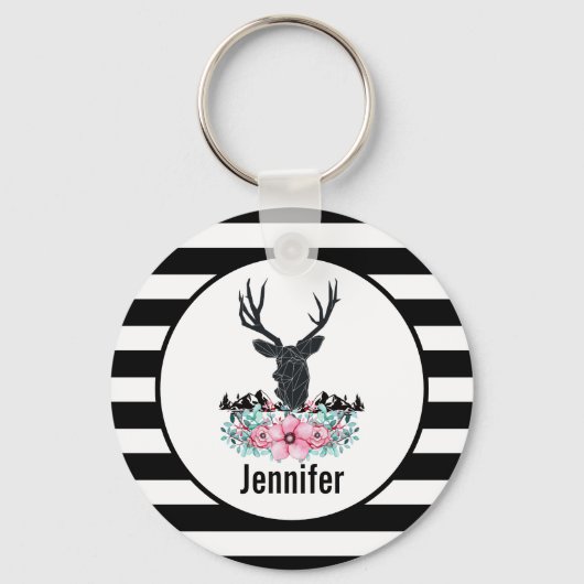 Black Deer Head met roze bloemen en bergen Sleutelhanger (Voorkant)