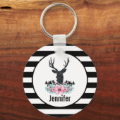 Black Deer Head met roze bloemen en bergen Sleutelhanger (Voorkant)