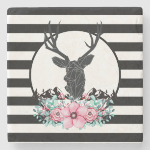 Black Deer Head met roze bloemen en bergen Stenen Onderzetter