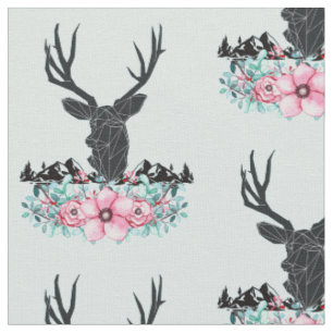 Black Deer Head met roze bloemen en bergen Stof