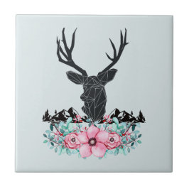 Black Deer Head met roze bloemen en bergen Tegeltje
