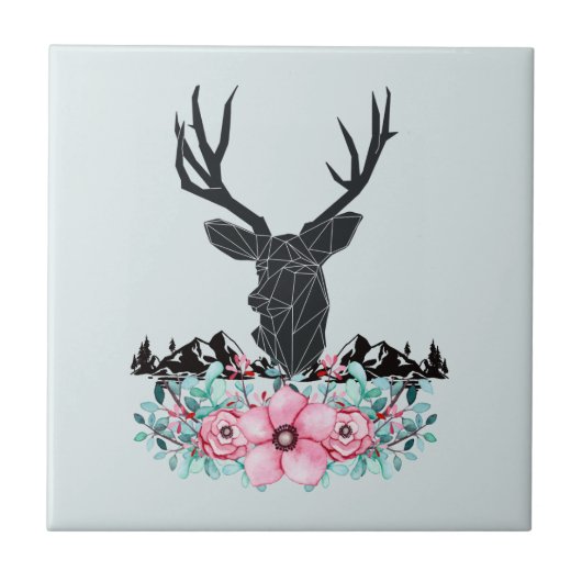 Black Deer Head met roze bloemen en bergen Tegeltje (Voorkant)