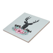Black Deer Head met roze bloemen en bergen Tegeltje (Zijkant)