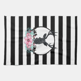 Black Deer Head met roze bloemen en bergen Theedoek