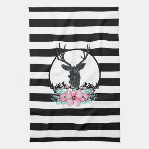 Black Deer Head met roze bloemen en bergen Theedoek